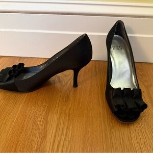 Stuart Weitzman Black Satin Peep-Toe Pumps with Bow Accent